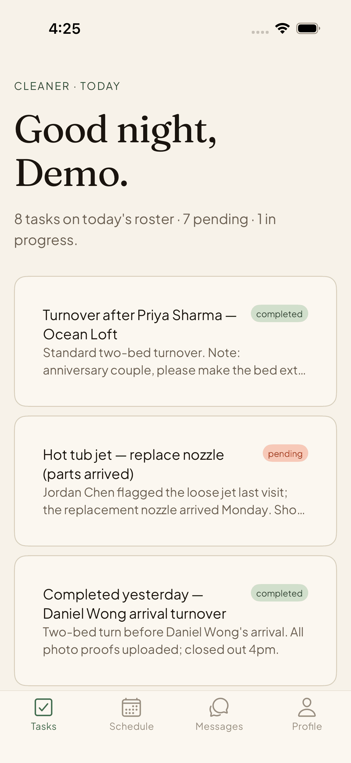 Cleaner tasks — turnover with photo proof