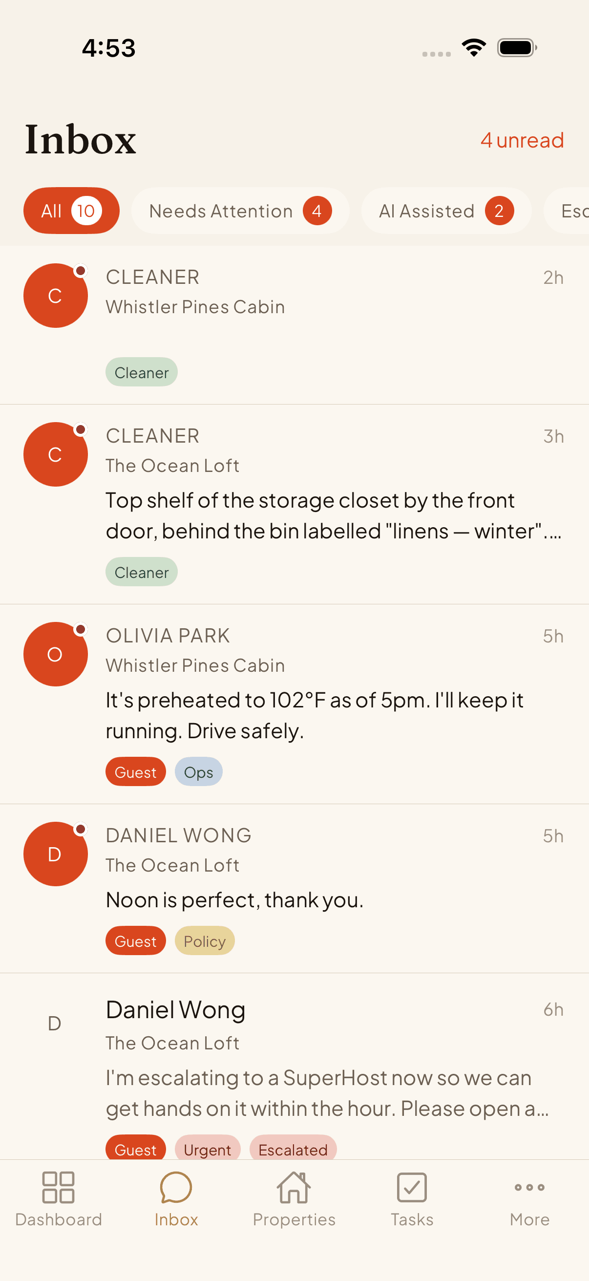 Host inbox — guest, cleaner, and ops threads
