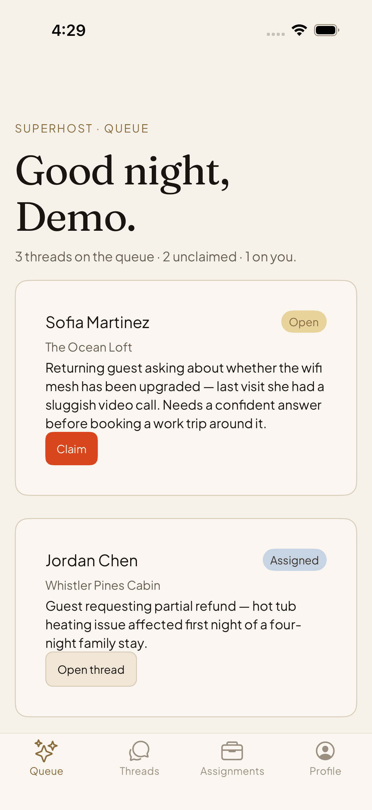 SuperNest SuperHost — escalations queue on iOS